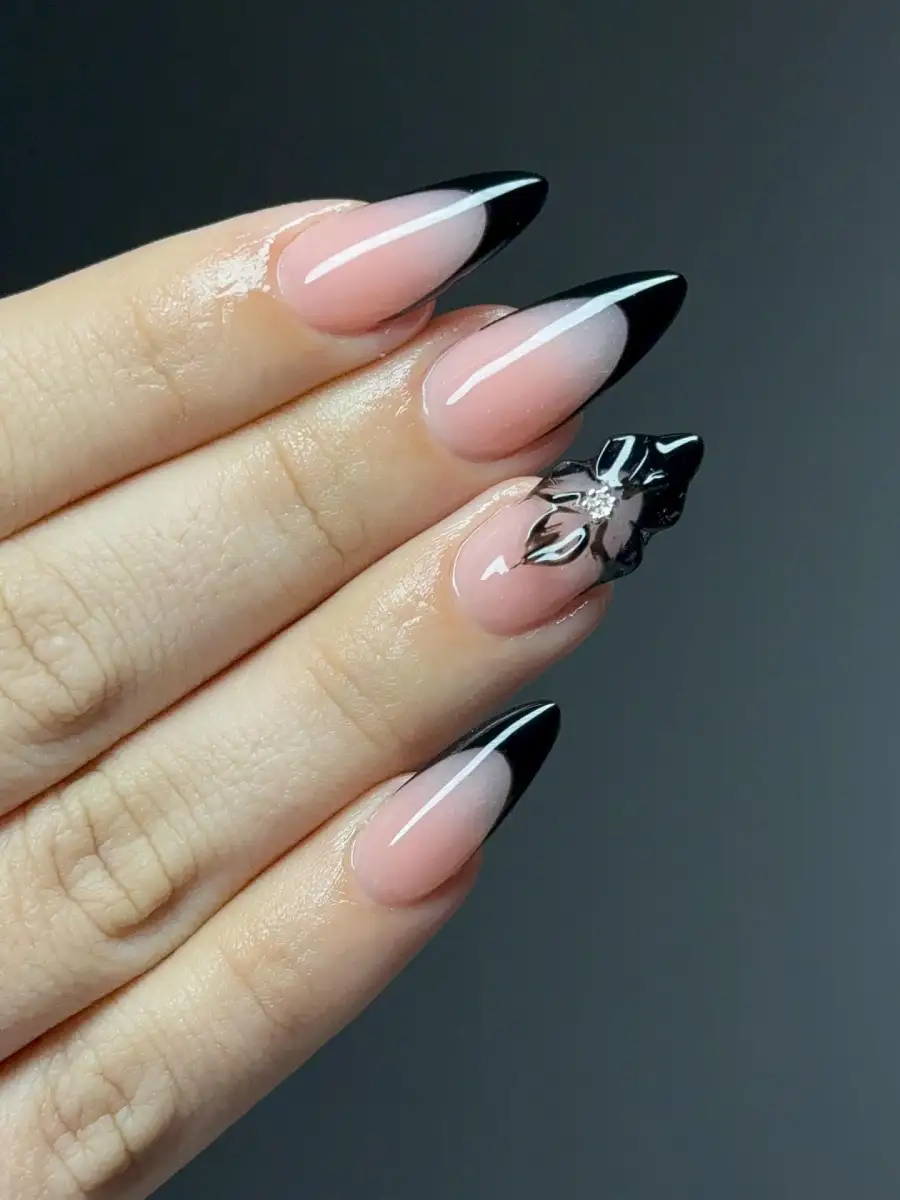 Black French Tips With Floral Accent View