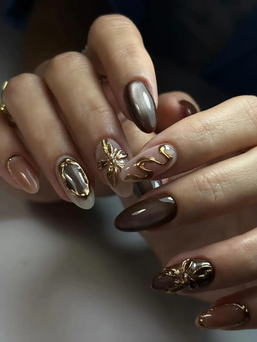 Brown Chrome Gold Details Nail Art Main View