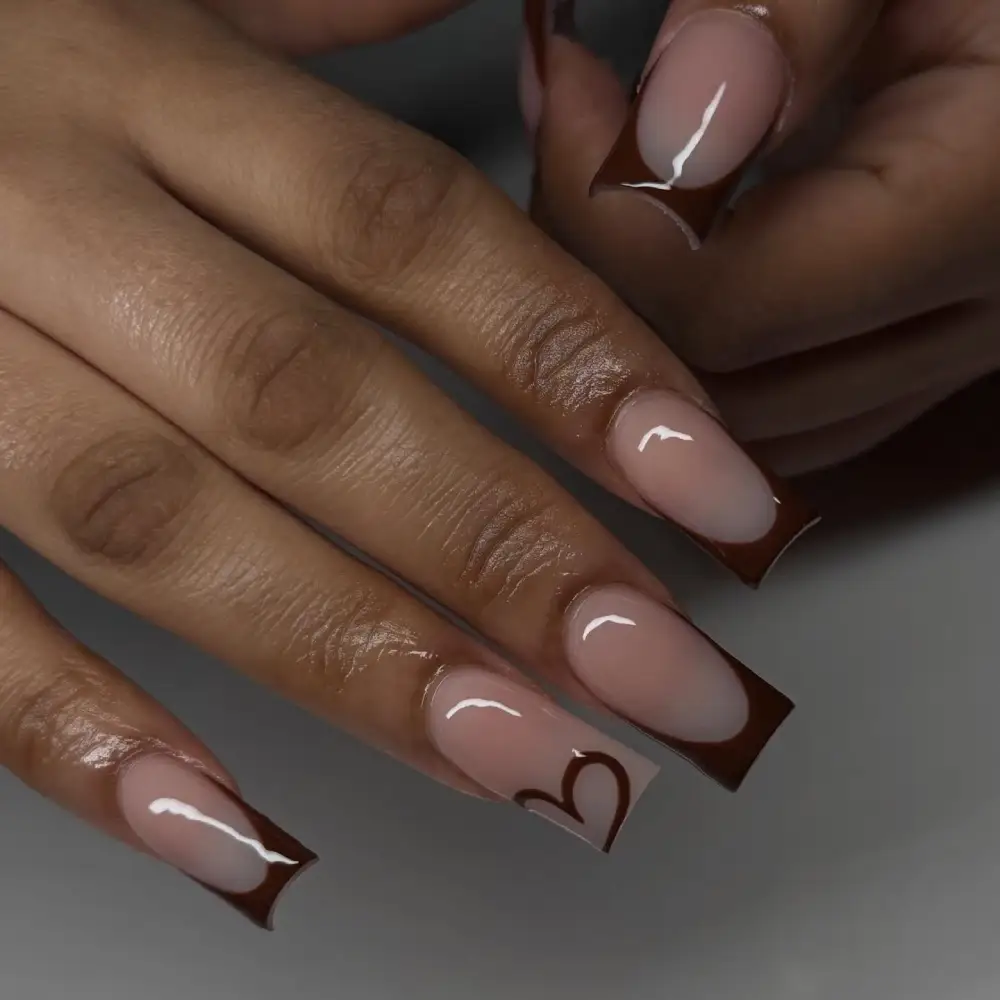 Brown Heart French Tips View