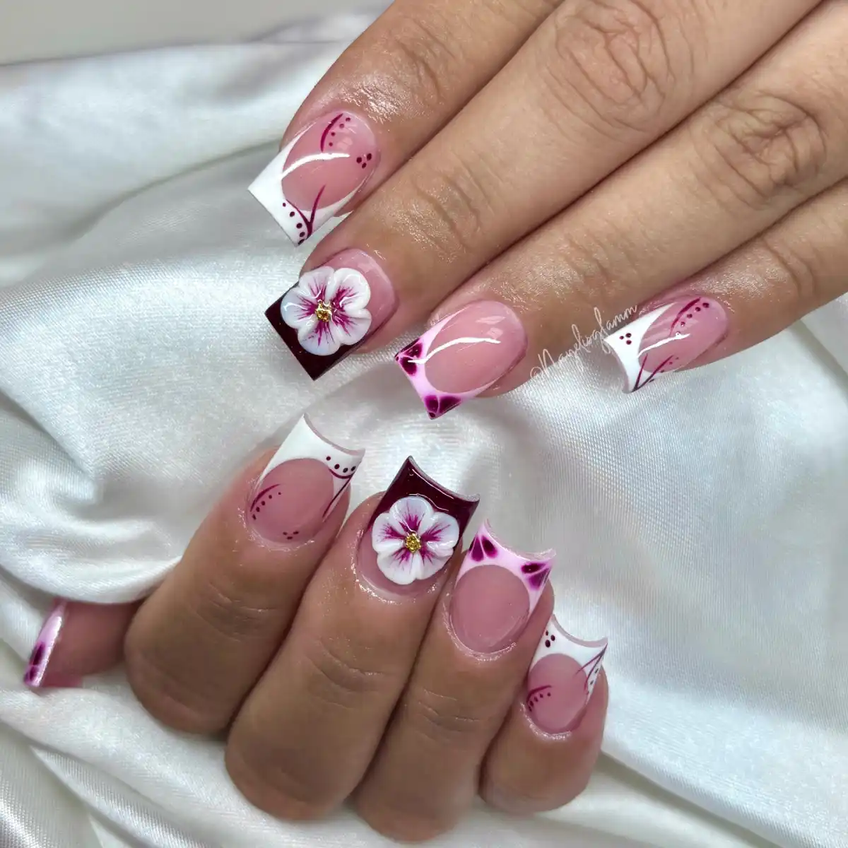 Burgundy Floral Nails