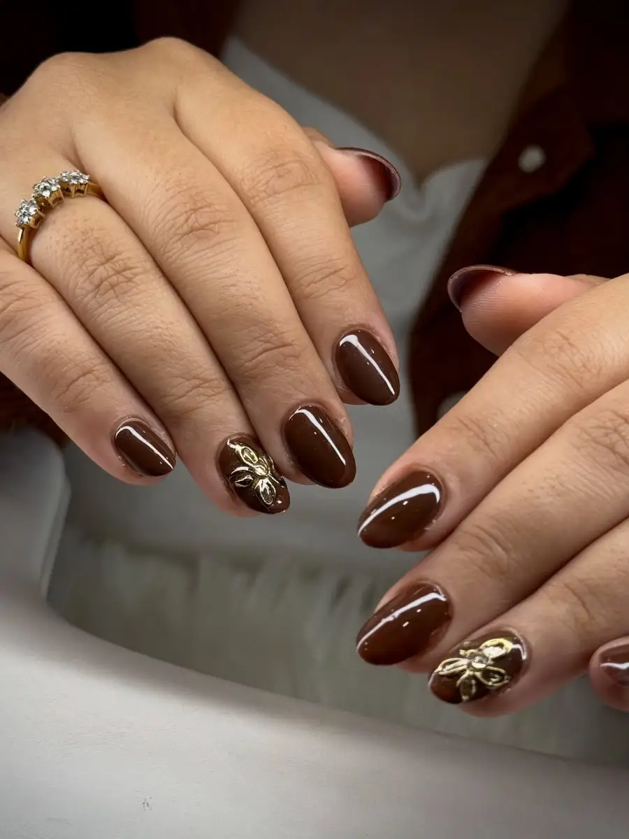Chocolate Nails with Gold Floral Details View