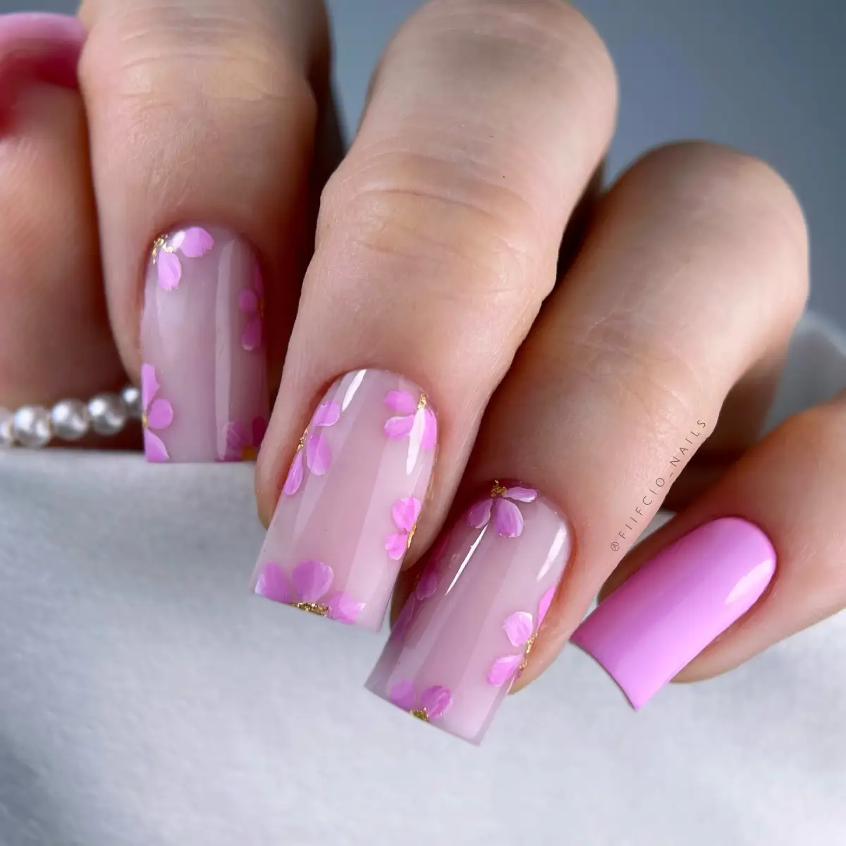 Sheer Pink Nails with Petal Details View
