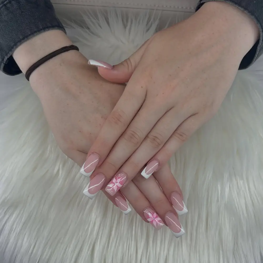 White French Tips with Pink Painted Flowers View