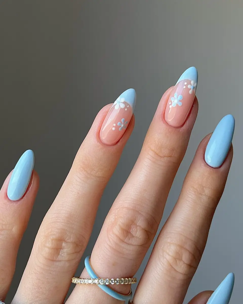 Baby Blue Flowers on a Soft Nude Base Nail Art Main View