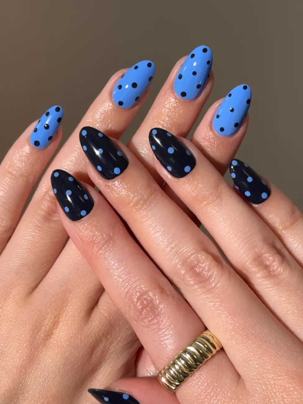 Blue and Navy Polka Dot Nails View