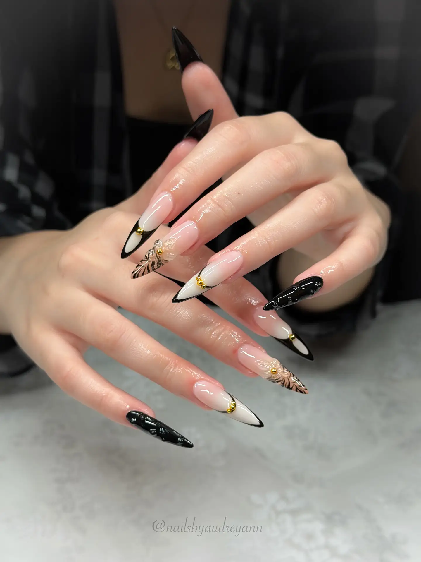 Black French Nails with Gold Beads Main View