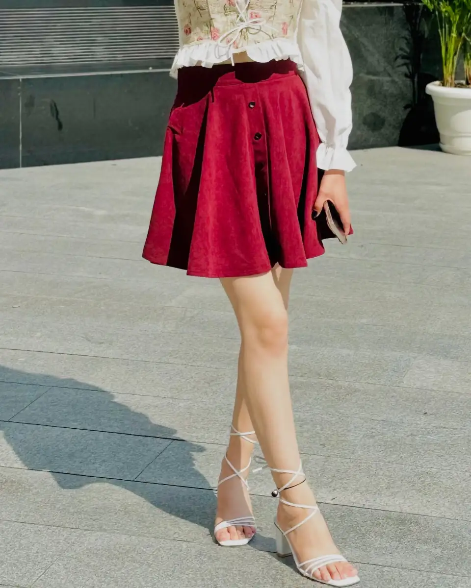 Burgundy Skater Skirt with a Corset Top Thumbnail 3