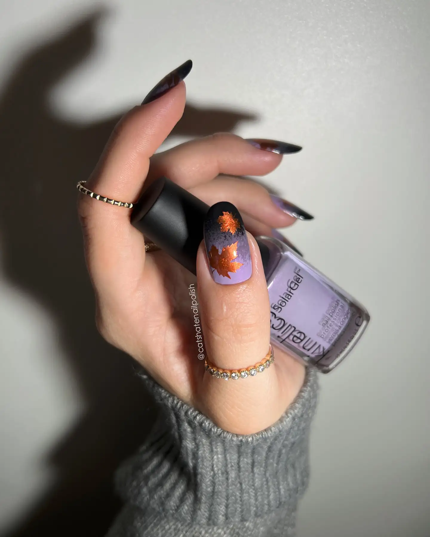 Copper Leaves on Lilac Nails Main View