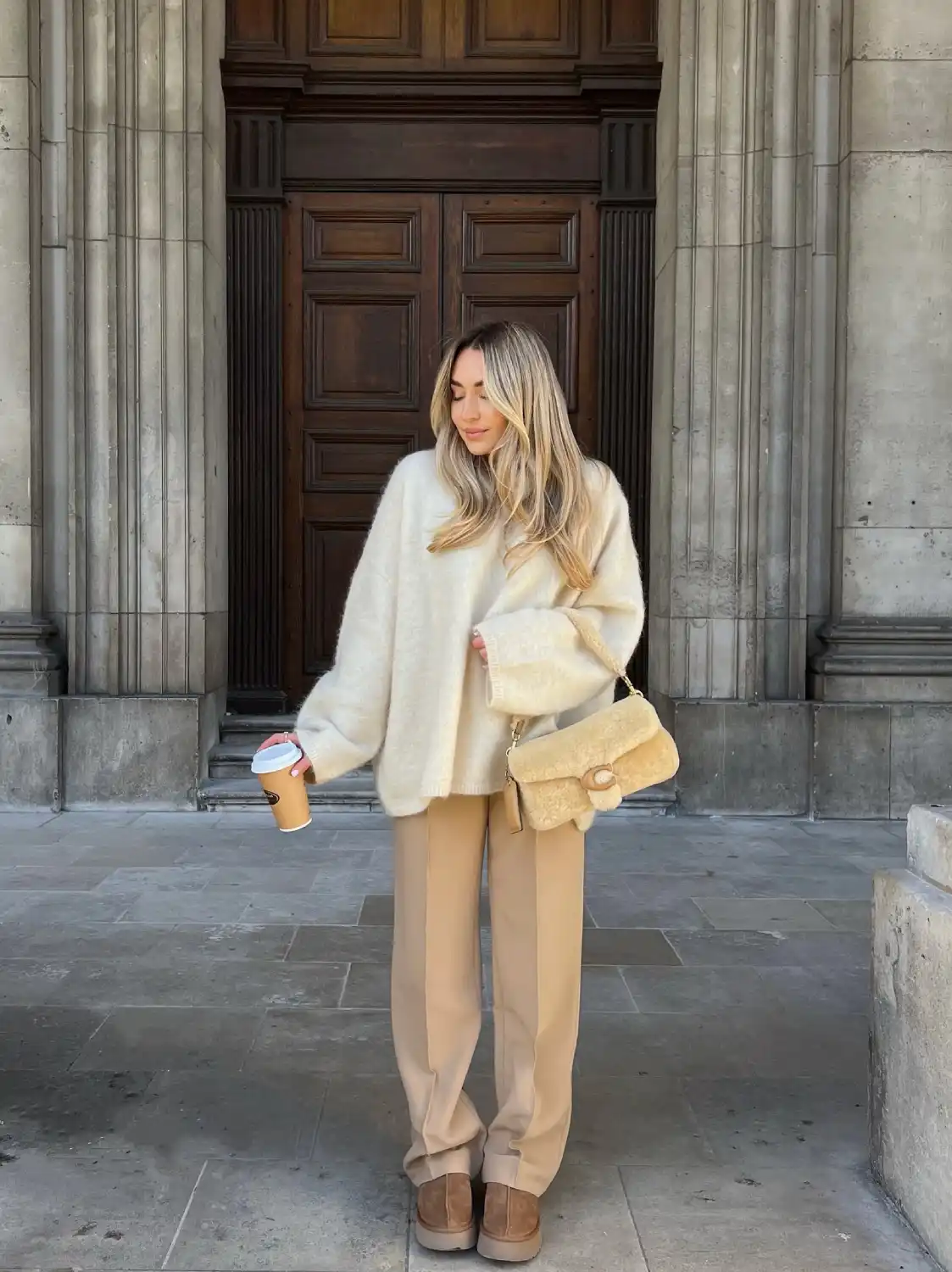 Cream Knit Camel Trouser Set
