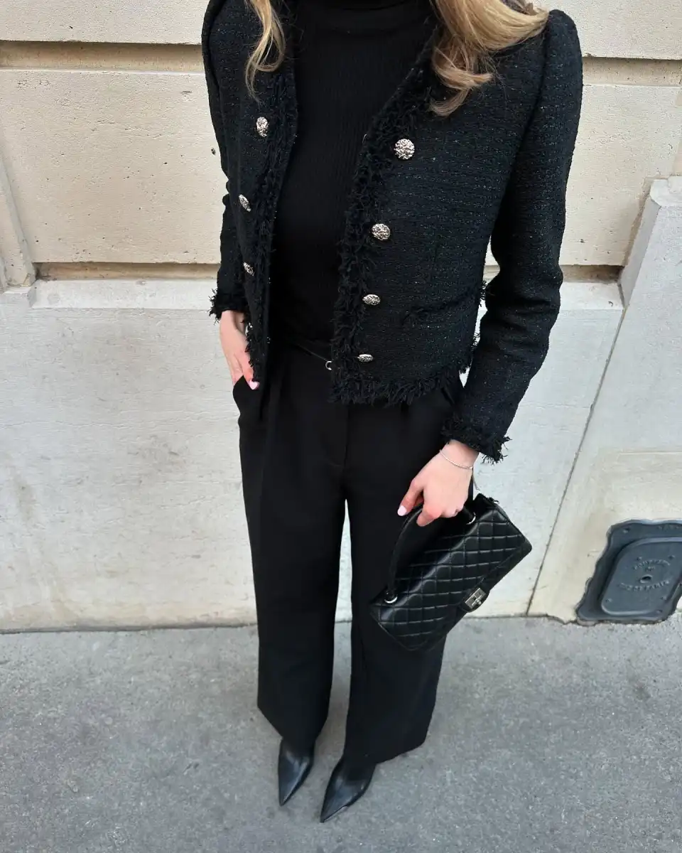 Cropped Tweed Jacket All Black Thumbnail 2