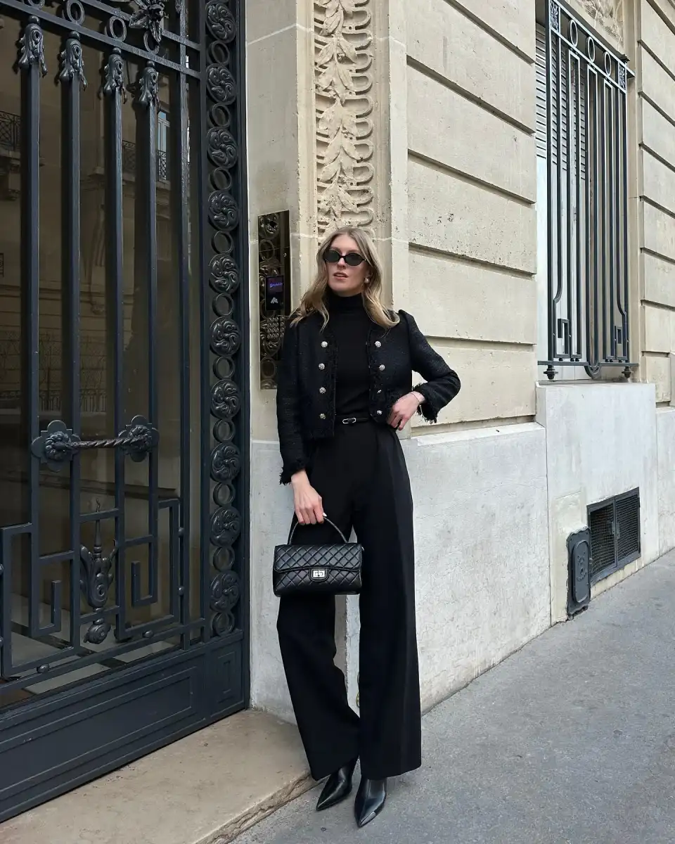Cropped Tweed Jacket All Black Main View