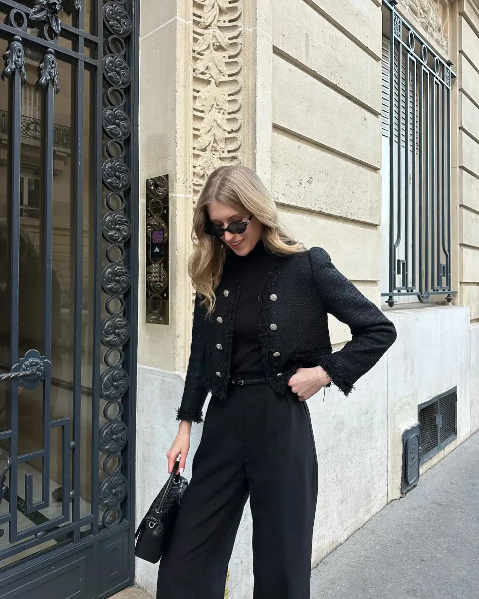 Cropped Tweed Jacket All Black Thumbnail 3