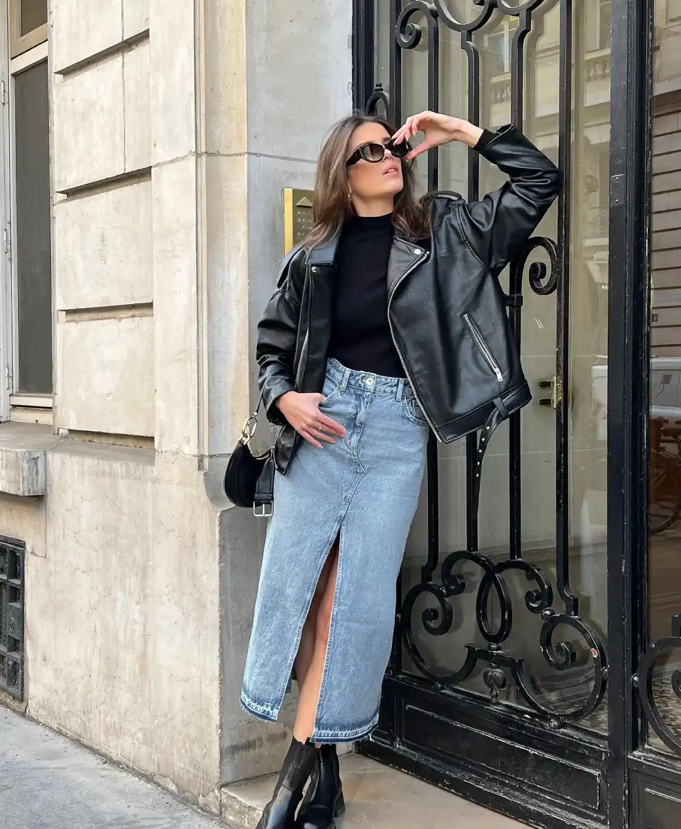 Denim Midi with a Leather Jacket Thumbnail 2
