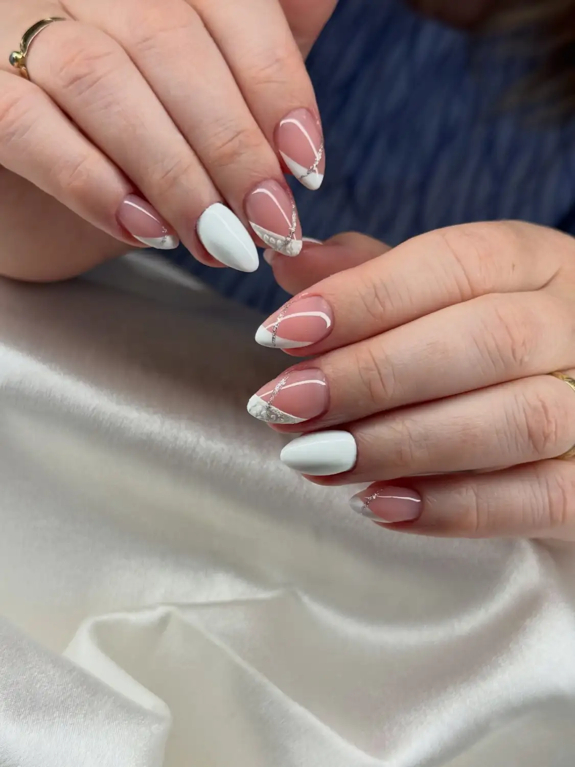 Diagonal French with Silver Lines Nails Main View