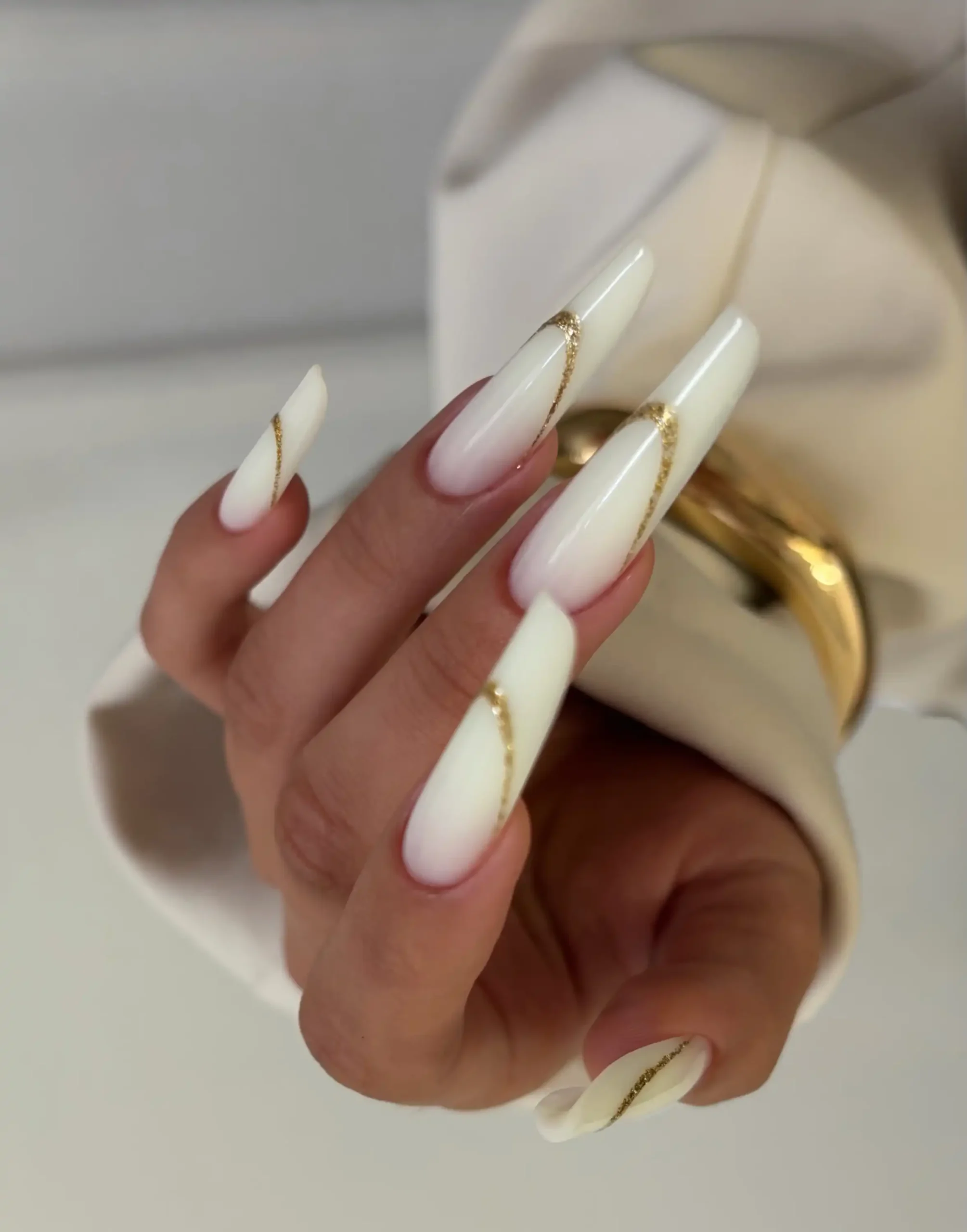 Extra Long Milky with Gold Chain Line Nails Main View