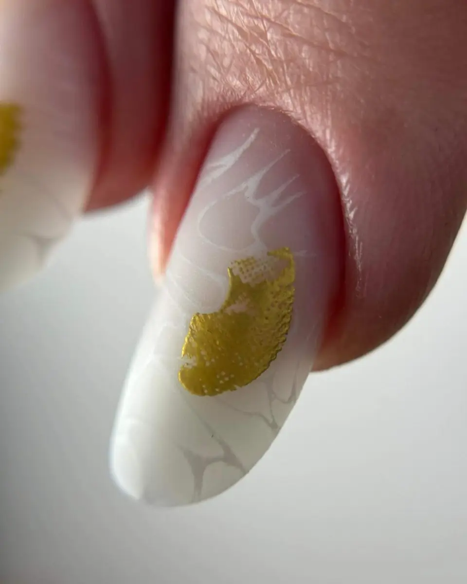 Matte Milky Marble With Gold Foil Nails Main View