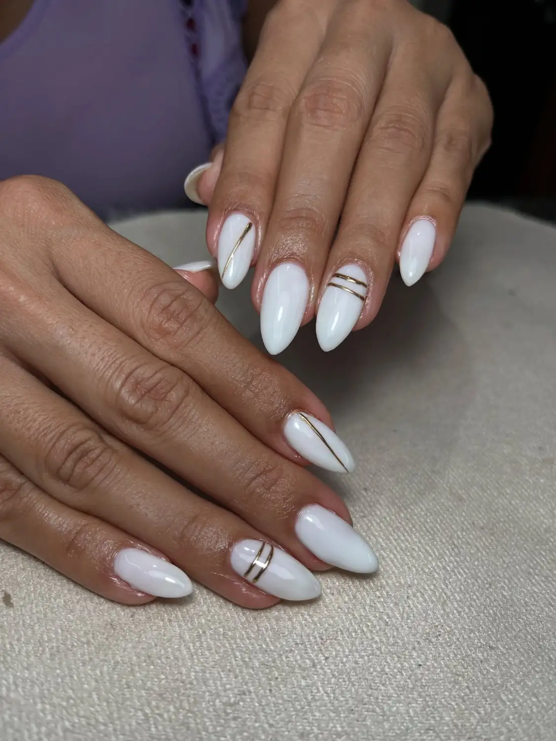 Milky Almond with Gold Line Details Nails Main View