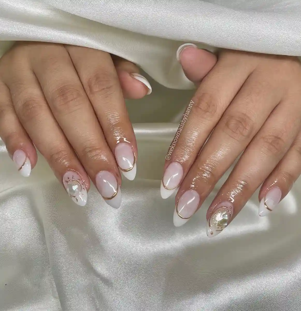 Milky French with Gold Lines Nails Main View