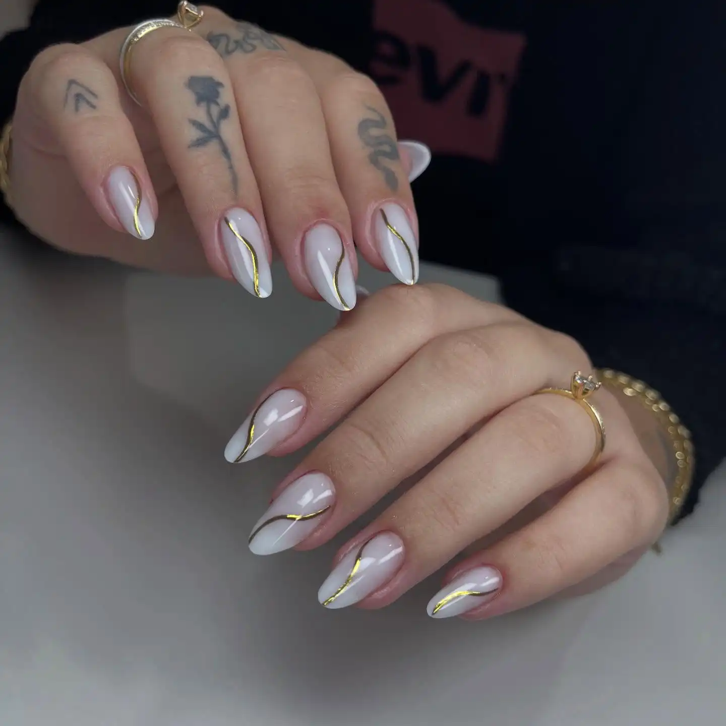 Milky Marble With Gold Chrome Line Nails Main View