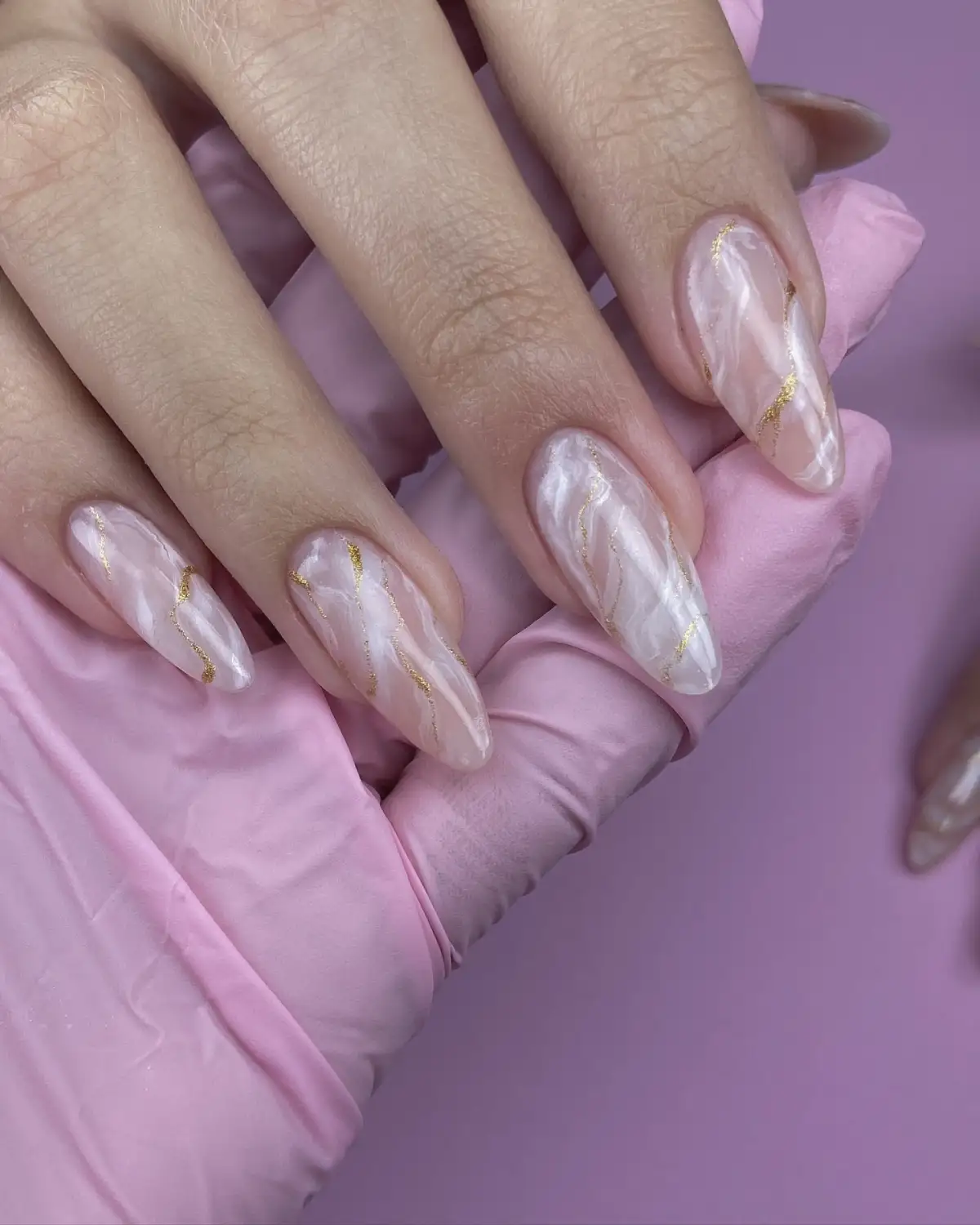 Milky Marble With Gold Thread Accents Nails Main View