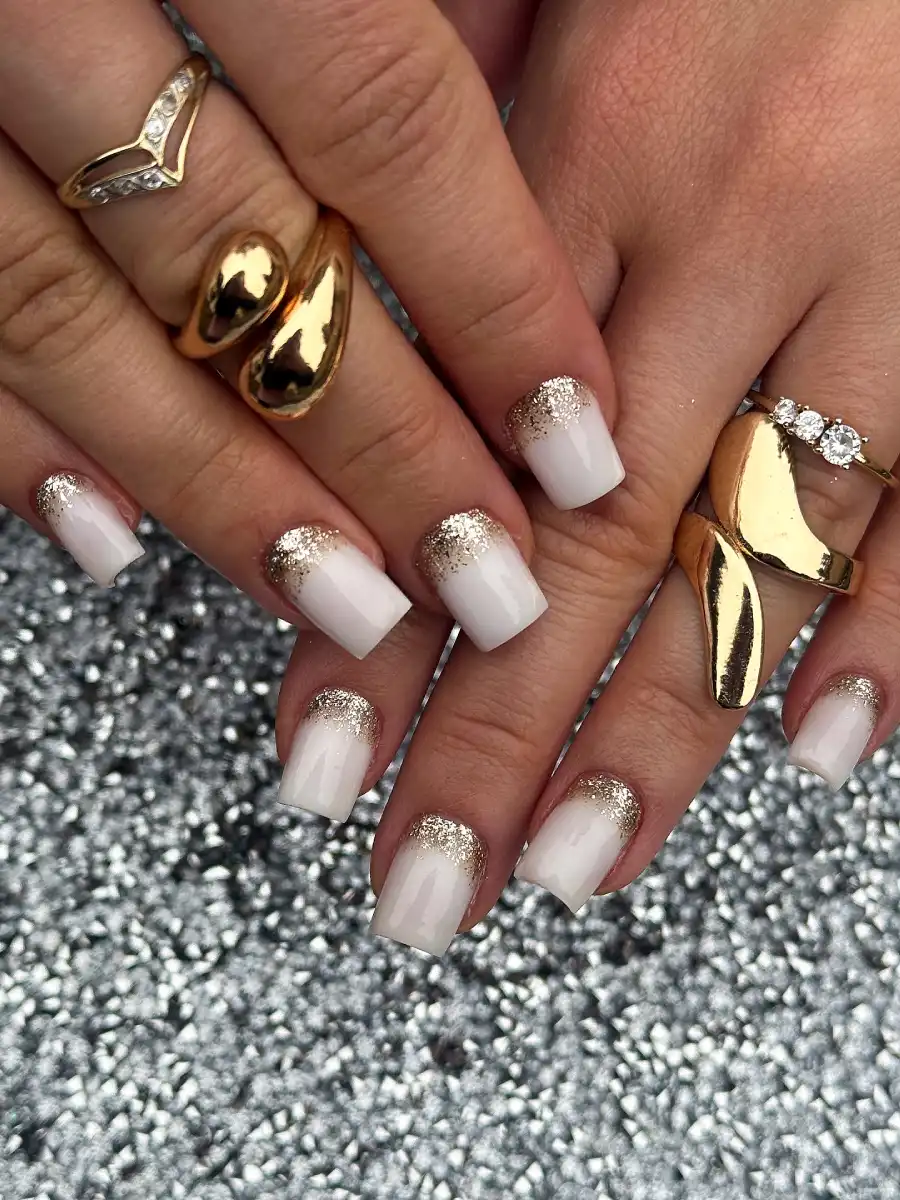 Milky Square with Gold Glitter Fade Nails Main View