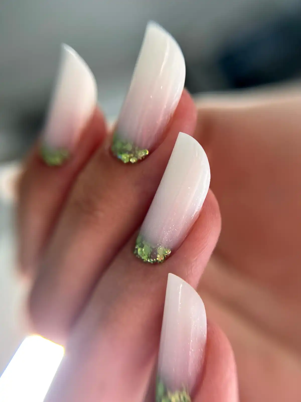 Milky White with Green Glitter Cuticle Nails Main View