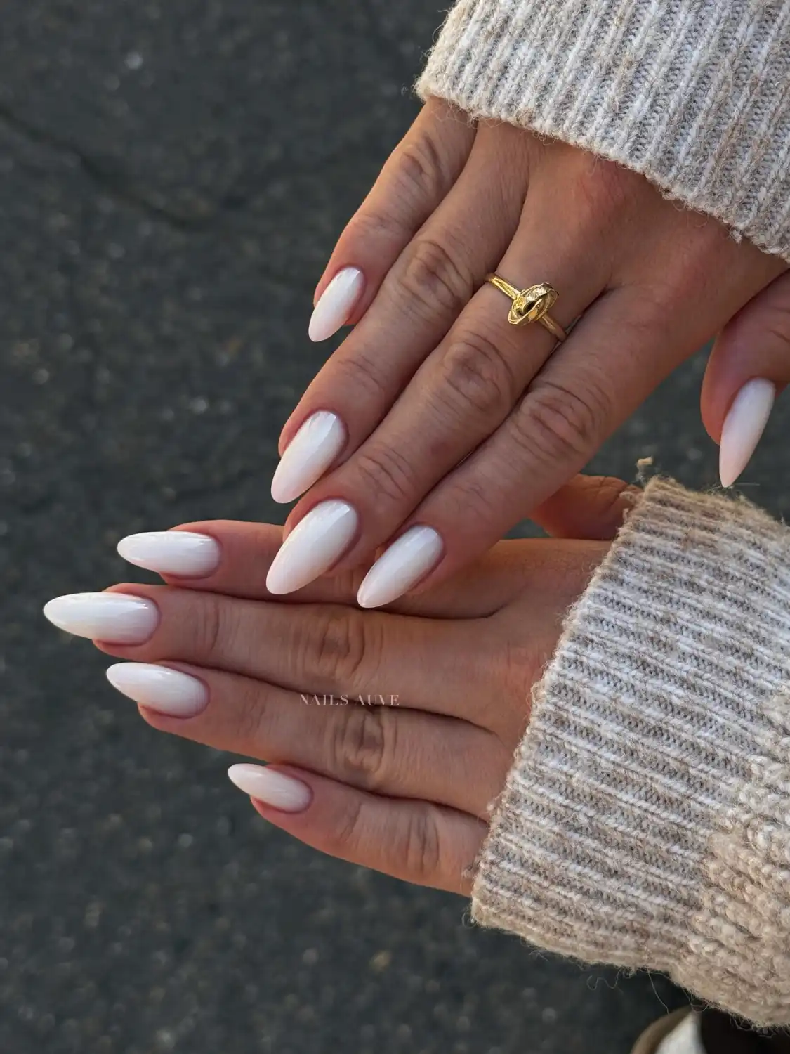 Pearl Milky Almond with Dots Nails Main View
