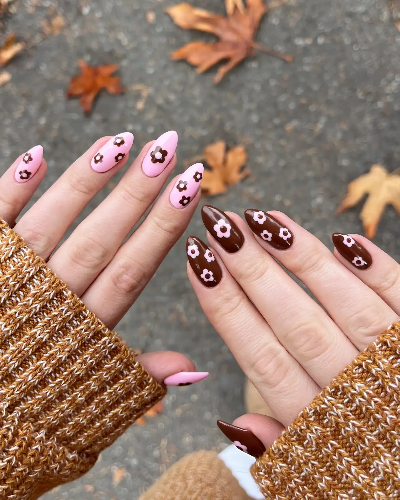 Pink And Brown Daisy Nails Thumbnail 2