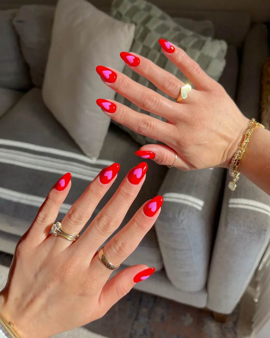 Pink Hearts on Red Nails Art Main View