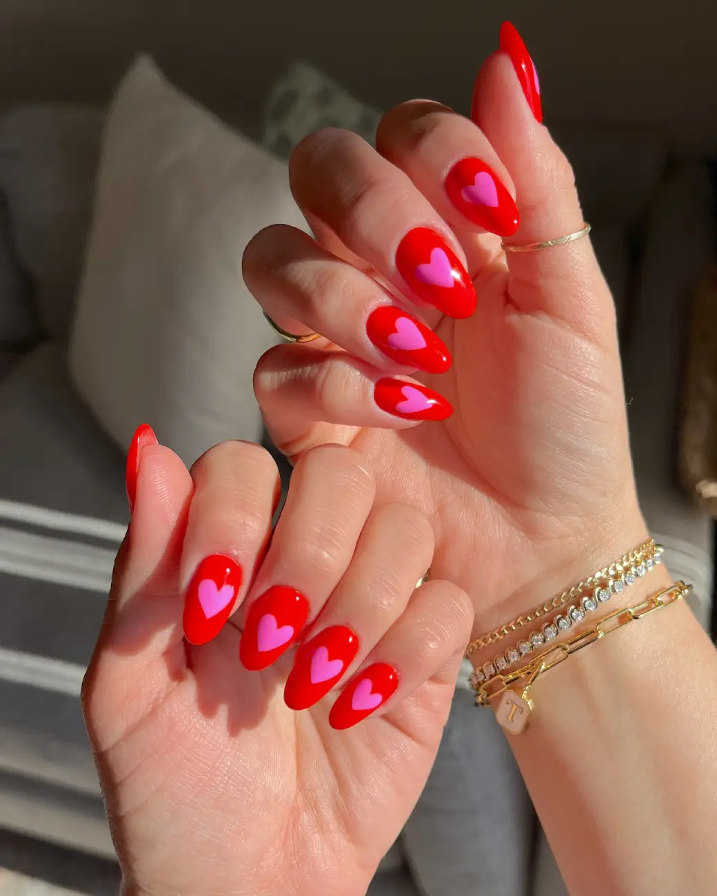 Pink Hearts on Red Nails Thumbnail 2