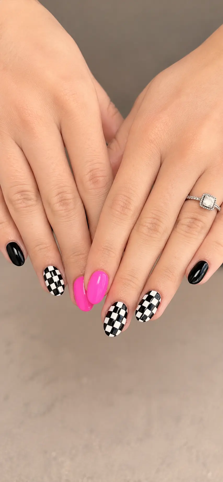 Pink and Checkerboard Nails Art Main View
