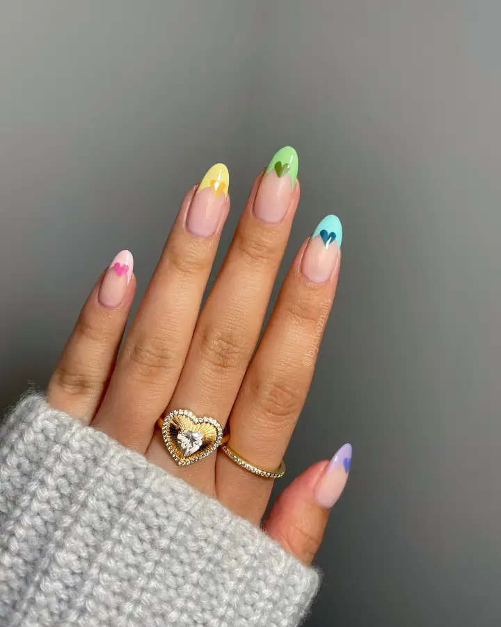 Rainbow Heart Swirl Tips Nail Design
