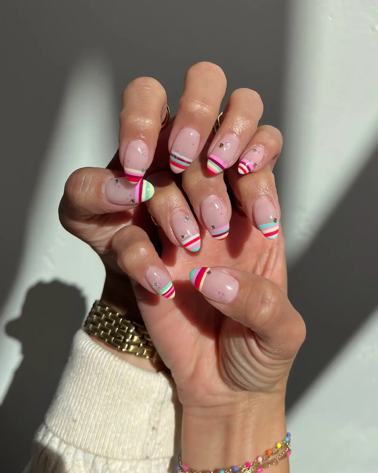 Rainbow Stripe French with Stars Nail Art Main View