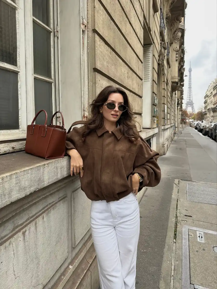 Suede Bomber White Jeans Main View