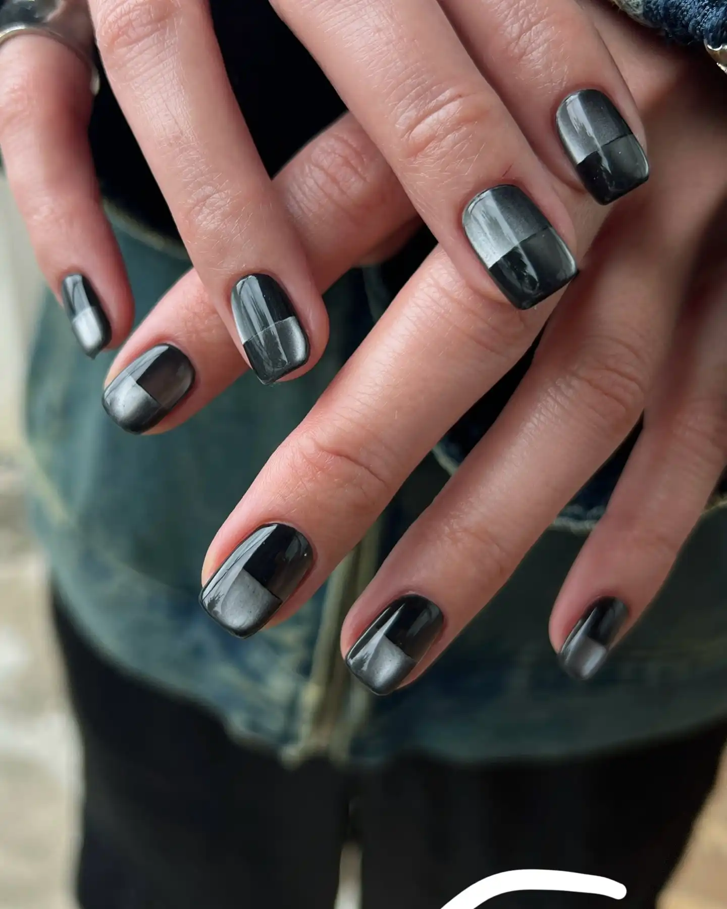 Black Gunmetal Chrome Color Block Nails - Inspiration 3