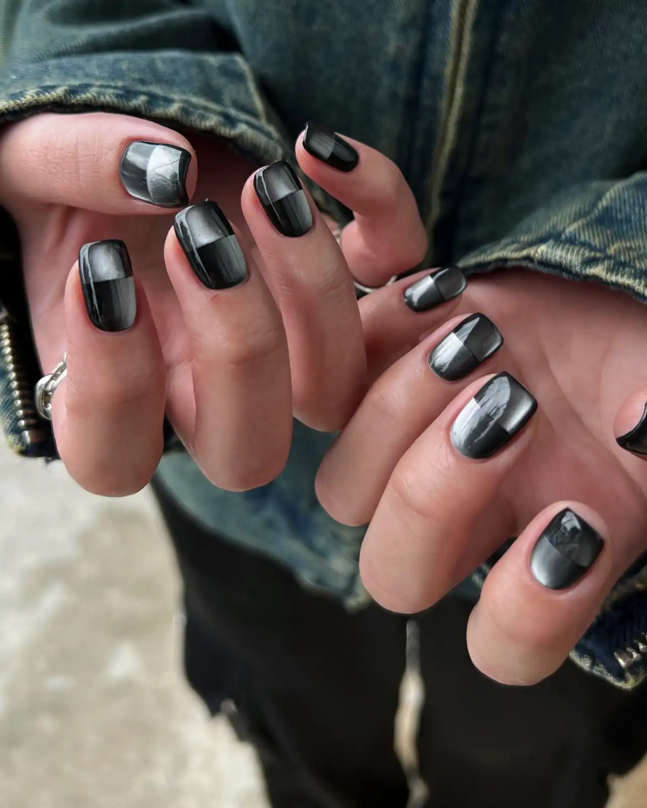 Black Gunmetal Chrome Color Block Nails - Inspiration 2