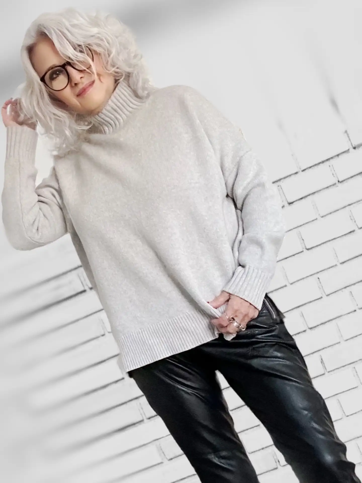 Cream Turtleneck Black Leather Pants - Inspiration 1