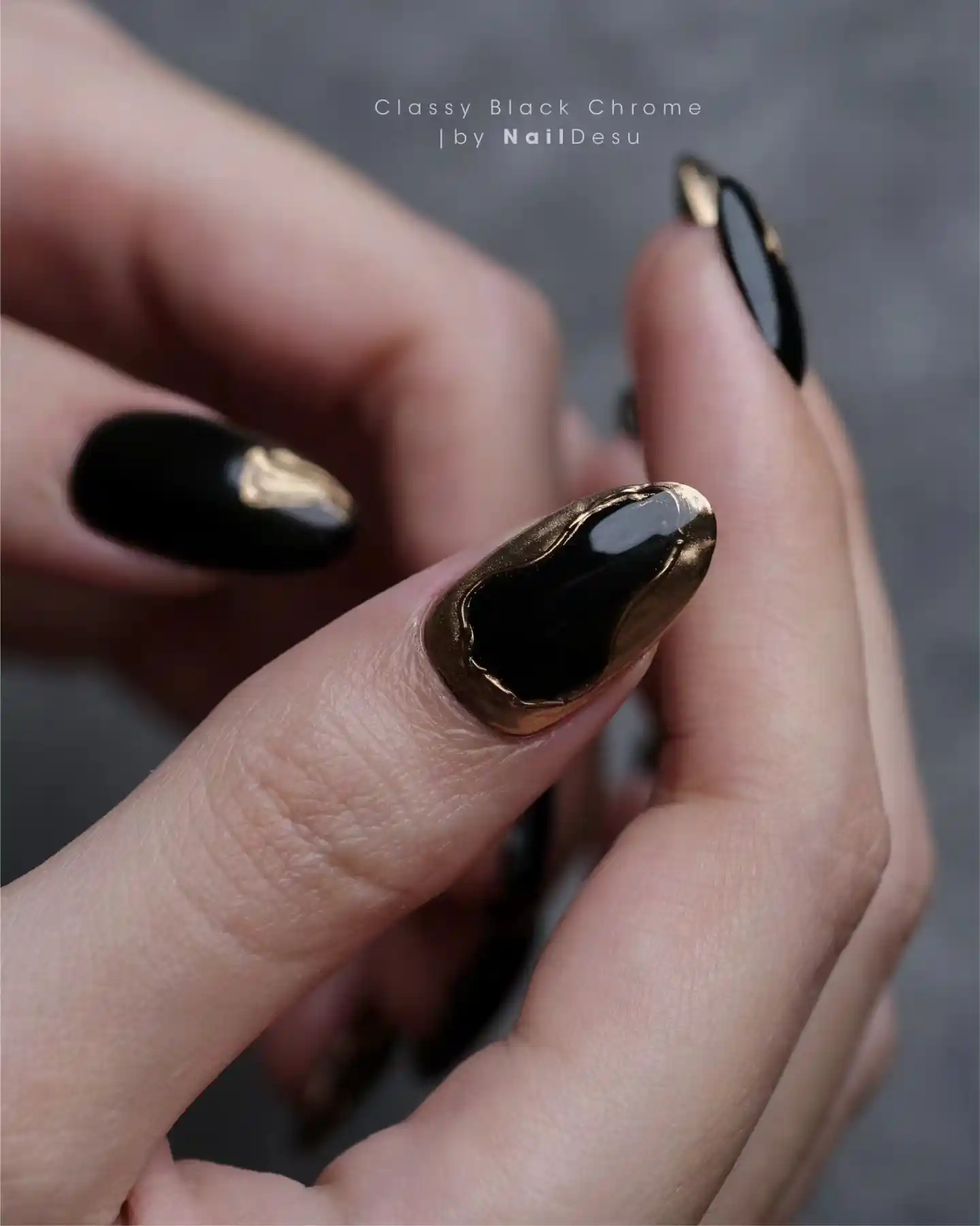 Glossy Black Nails With Gold Chrome Details - Inspiration 3