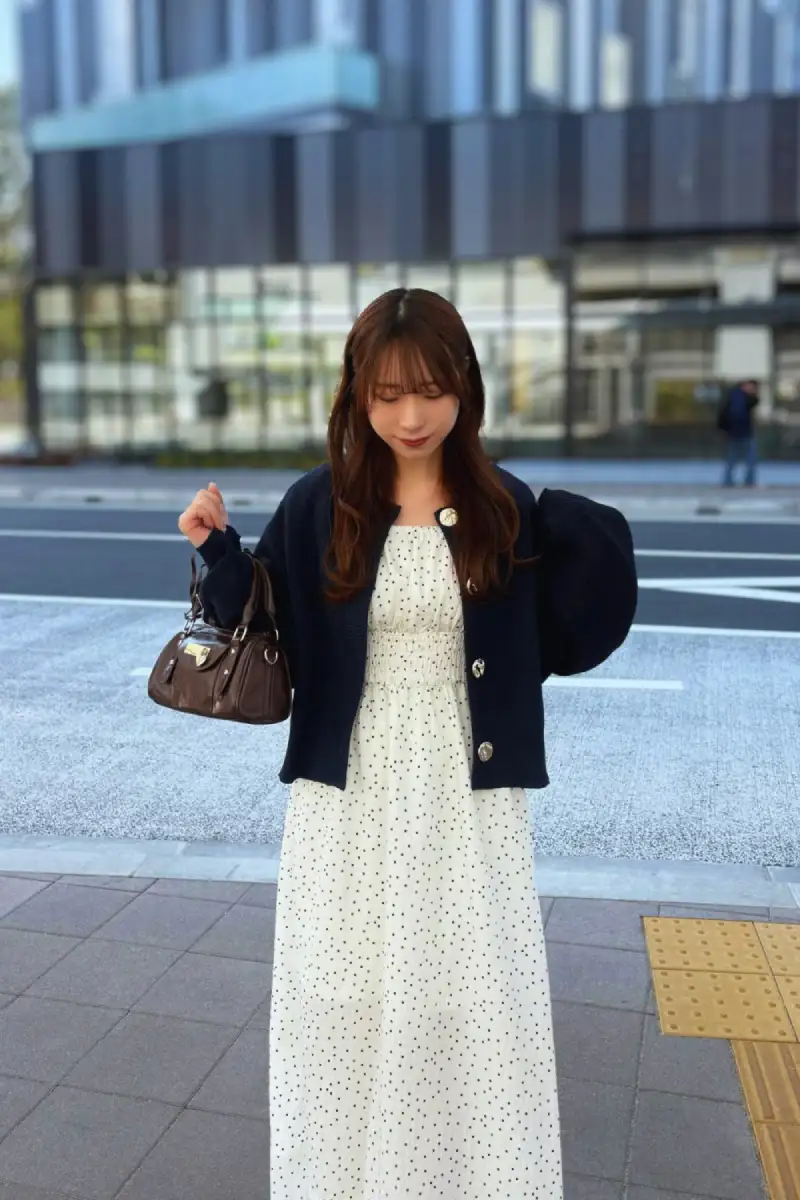 Polka Dot Maxi Dress With Navy Cardigan - Look 1