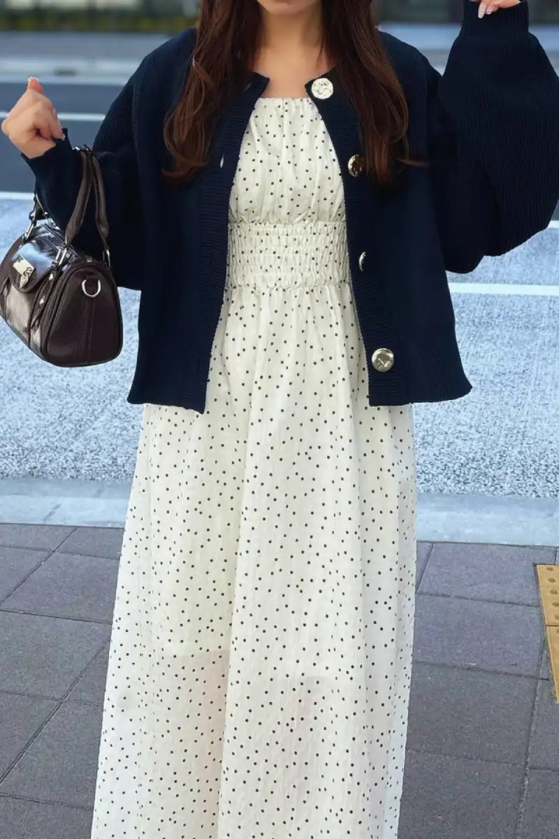 Polka Dot Maxi Dress With Navy Cardigan - Inspiration 5