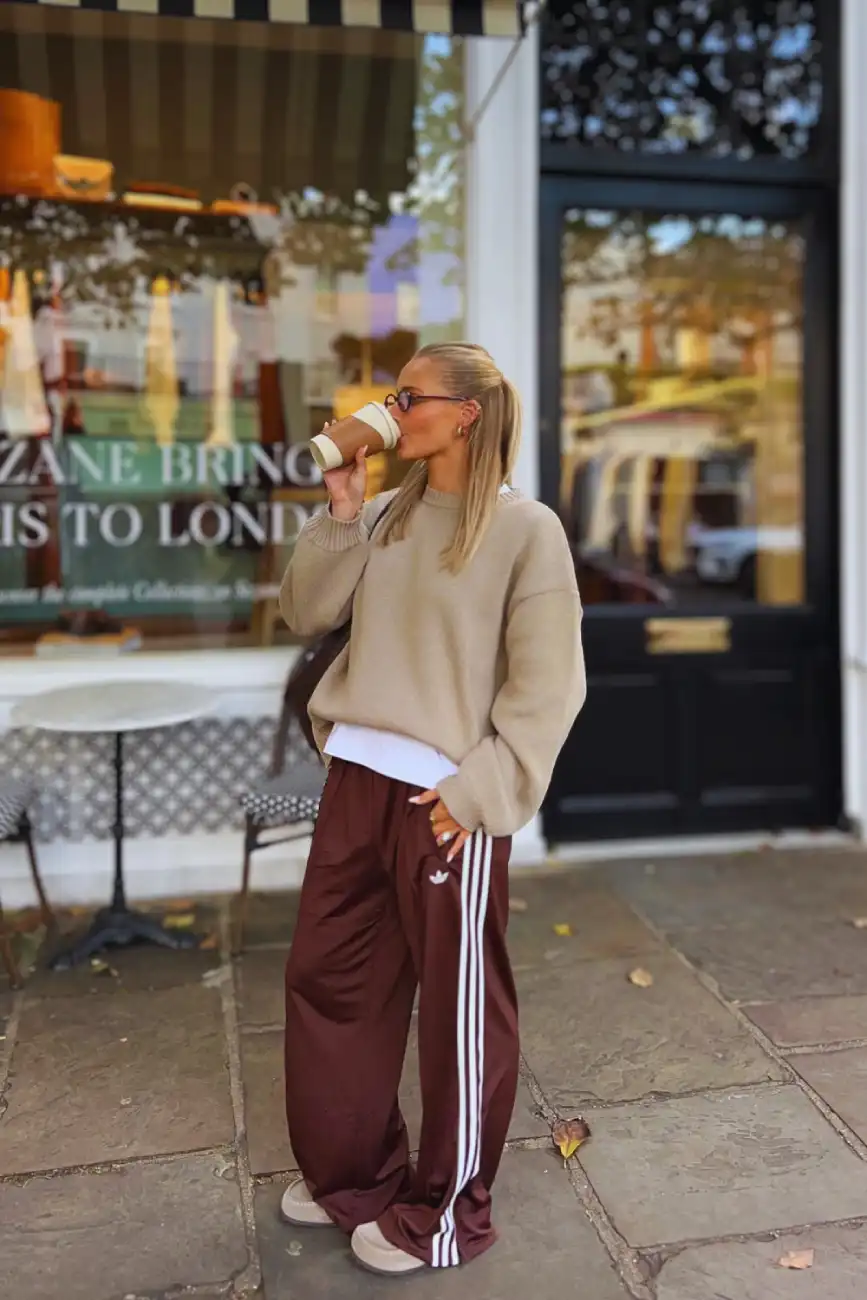 Beige sweater and brown track pants outfit - Inspiration 2