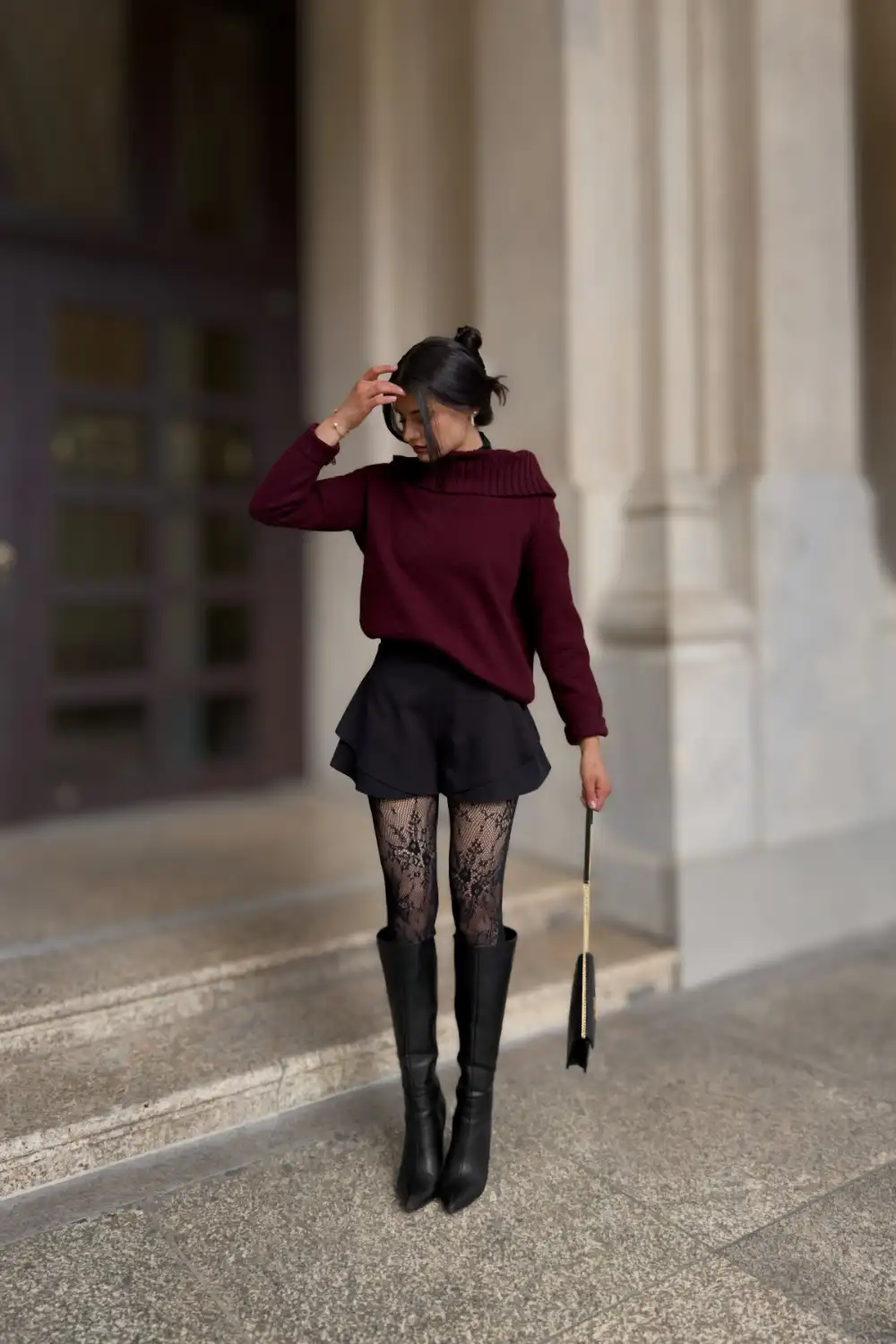 Burgundy Sweater and Lace Tights Concept
