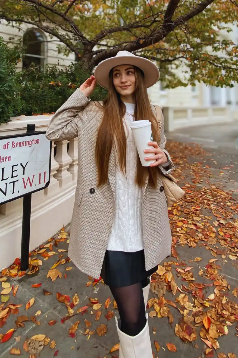 Houndstooth Blazer and White Boots Styling