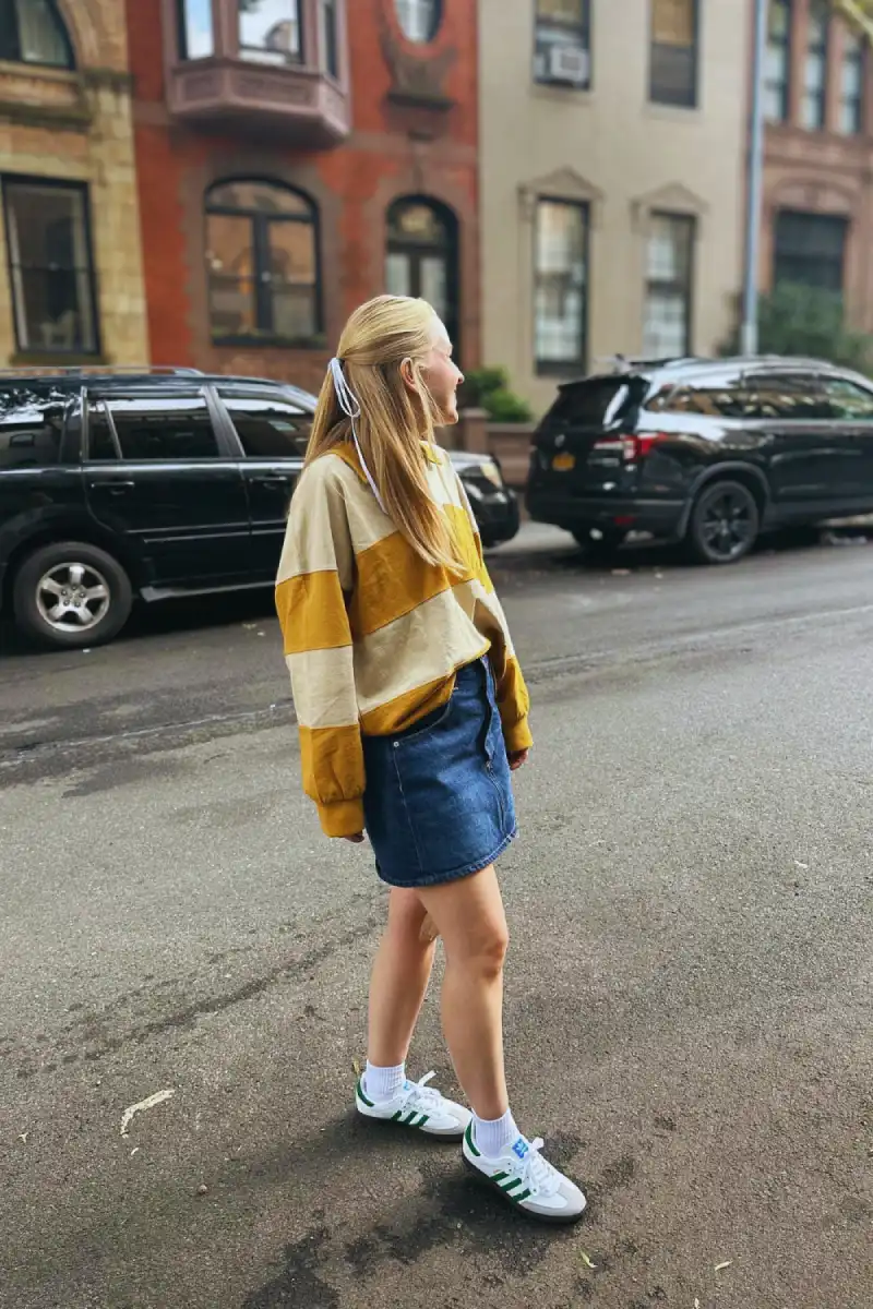 Mustard Rugby Top and Denim Skirt Styling