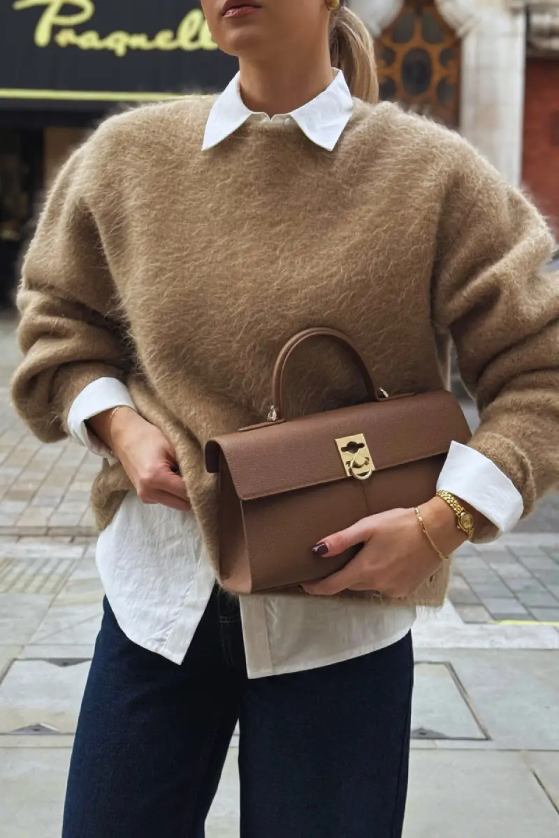 Soft Taupe Sweater and Dark Jeans - Angle 3