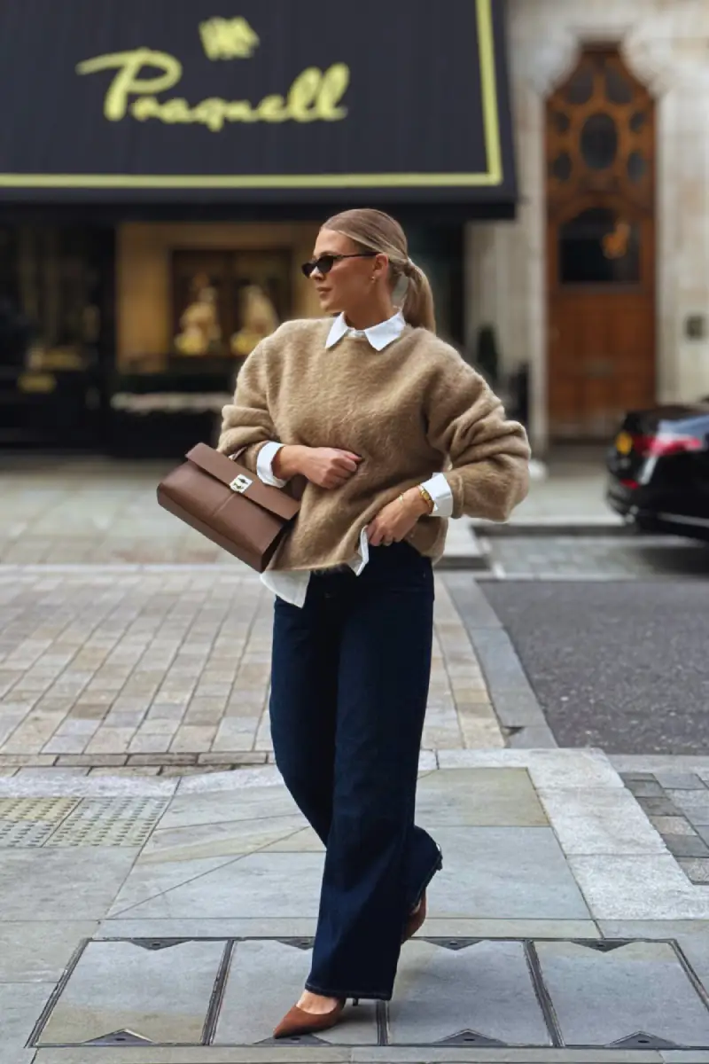 Soft Taupe Sweater and Dark Jeans - Angle 2