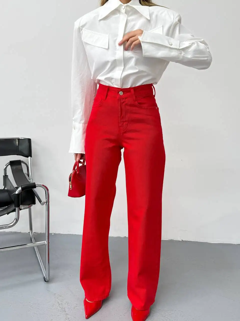 Red Wide Leg Pants With a Crisp White Shirt - Look 1