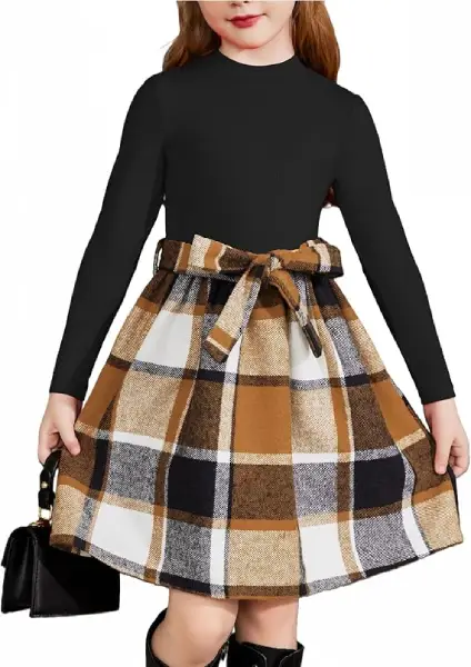 Black Long-Sleeve Plaid Dress with Matching Waist Bow