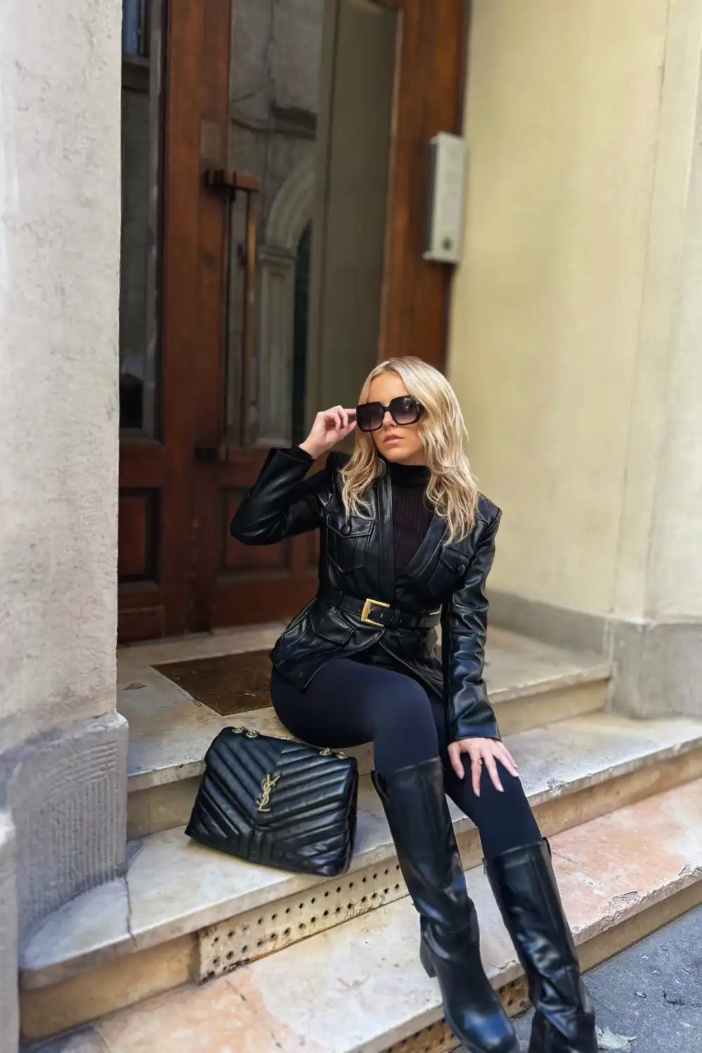 Black Shearling Jacket With Leather Leggings - Inspiration 2