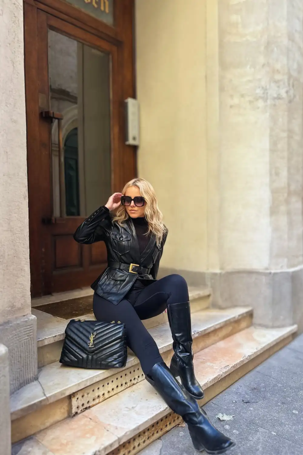 Black Shearling Jacket With Leather Leggings - Look 1
